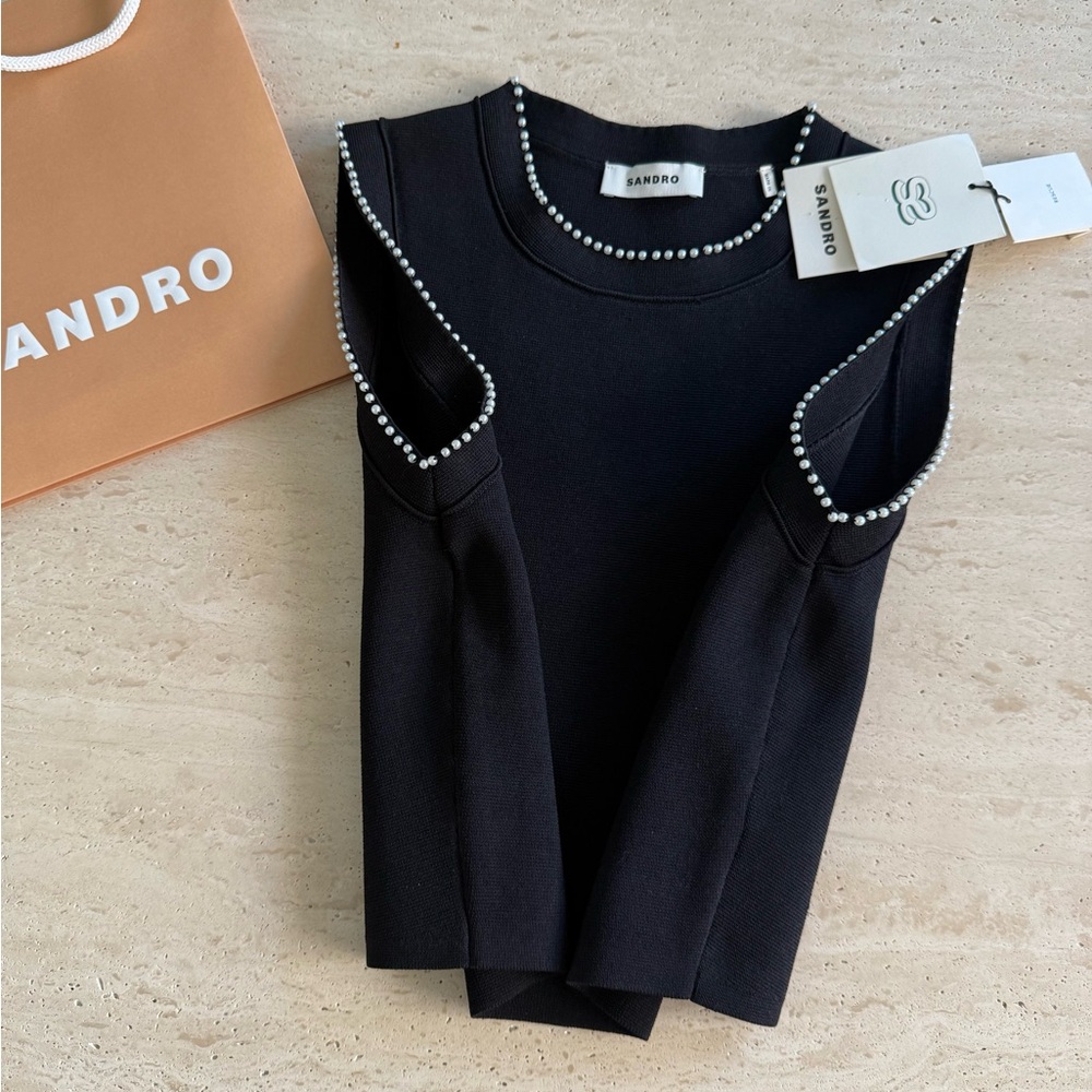 NWT Sandro Gild Faux Pearl Embellished Sleeveless Knit Tank Top Black  Sz/ 0 - Picture 8 of 12